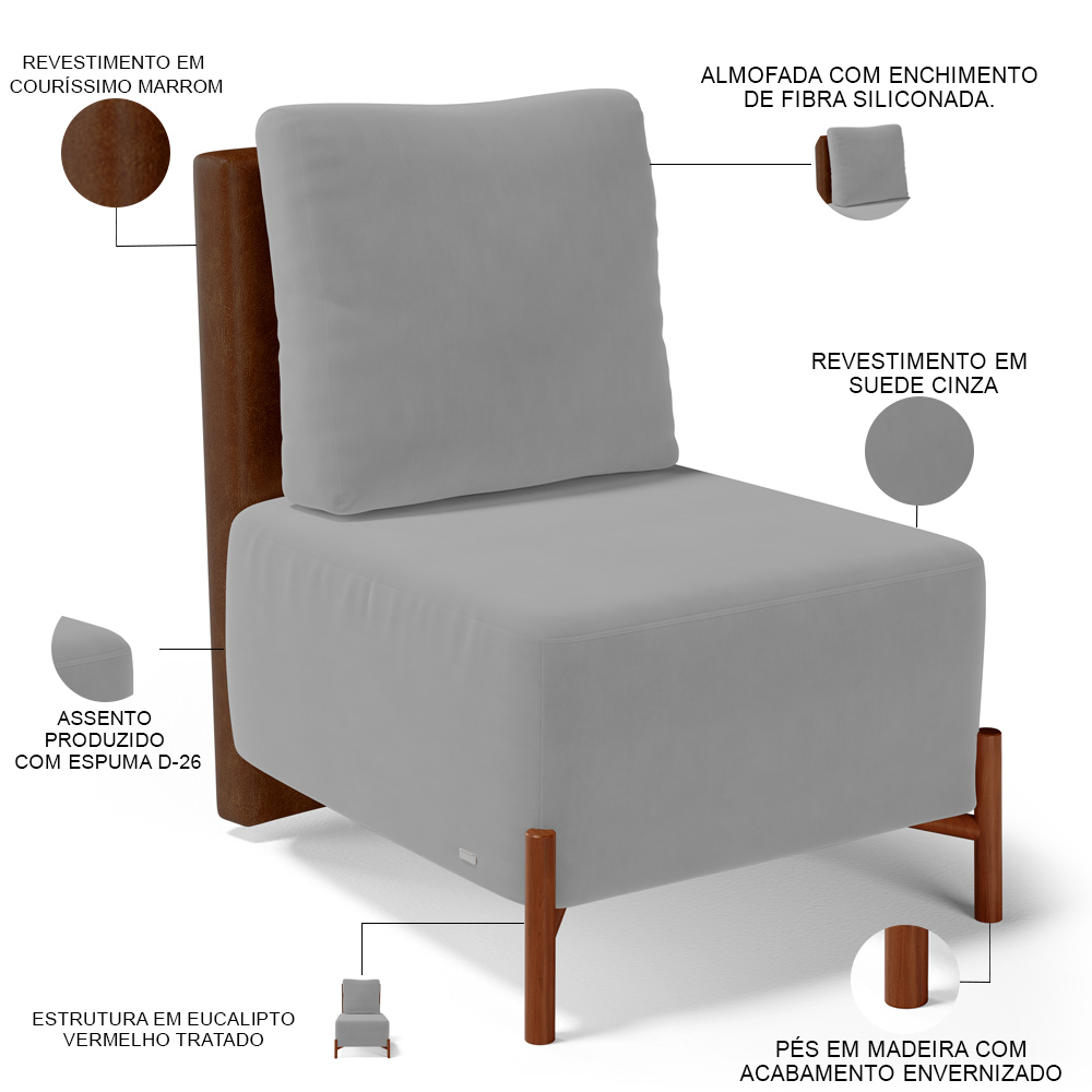 Kit 02 Poltronas Decorativas Sala de Estar Living Hungria L02 Couríssimo Marrom Suede Cinza - Lyam