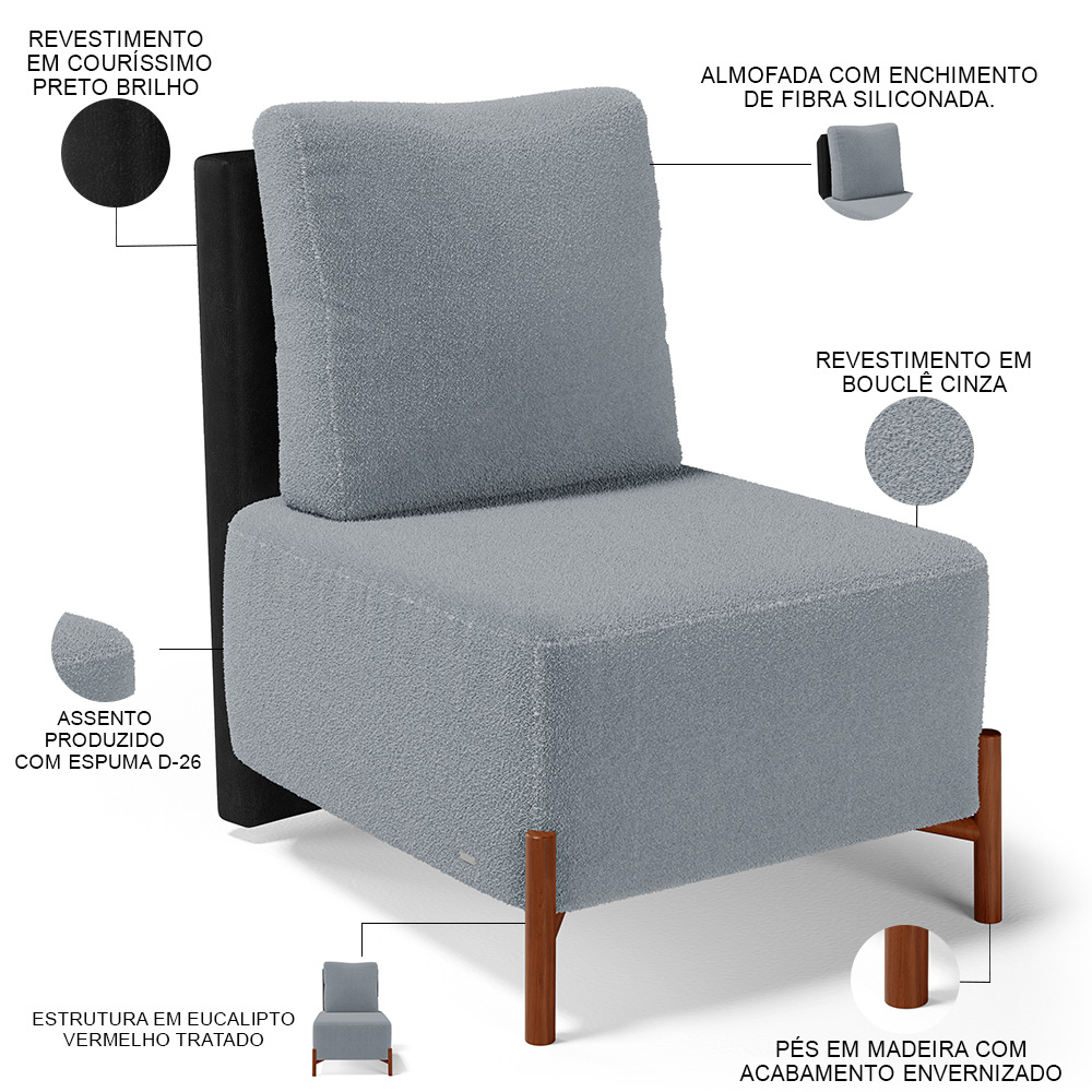 Kit 02 Poltronas Decorativas Sala de Estar Living Hungria L02 Couríssimo Preto Bouclê Cinza - Lyam