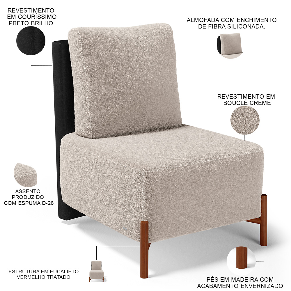 Kit 02 Poltronas Decorativas Sala de Estar Living Hungria L02 Couríssimo Preto Bouclê Creme - Lyam