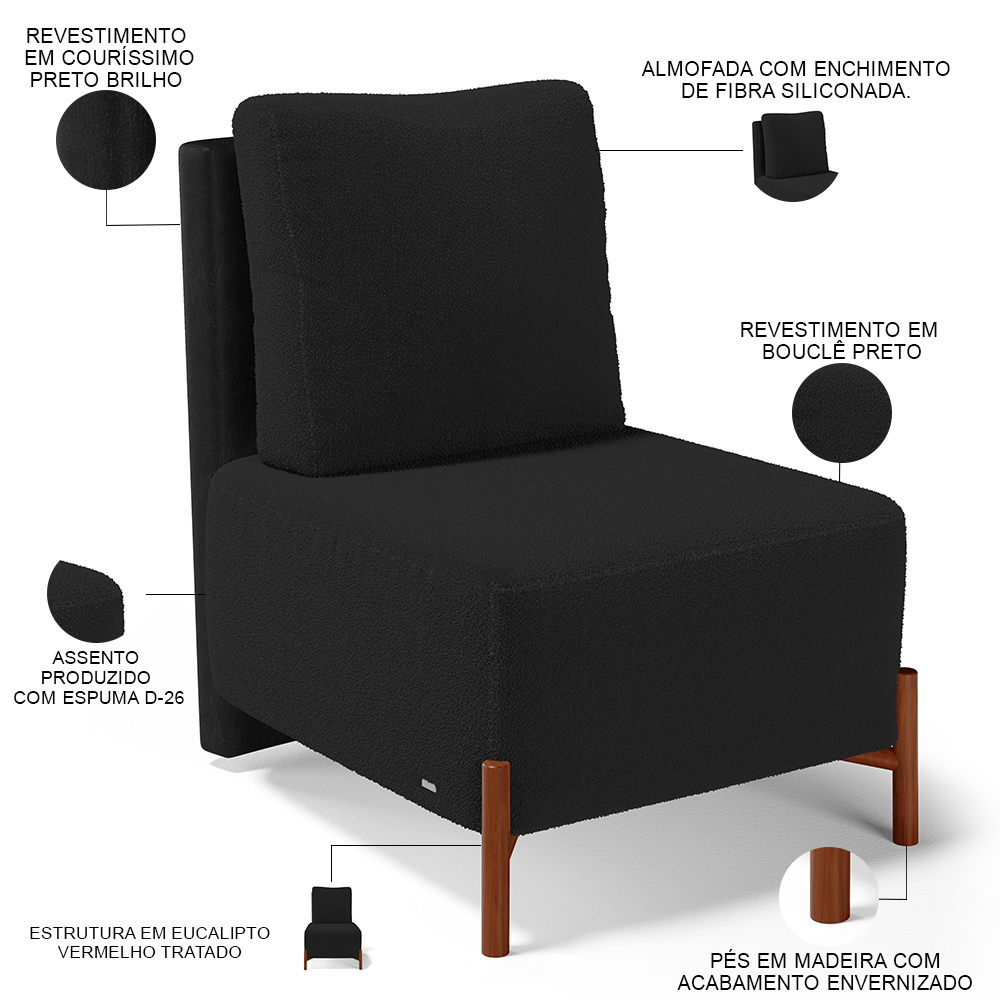 Kit 02 Poltronas Decorativas Sala de Estar Living Hungria L02 Couríssimo Preto Bouclê Preto - Lyam