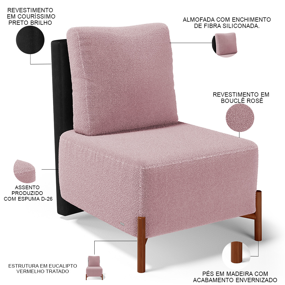 Kit 02 Poltronas Decorativas Sala de Estar Living Hungria L02 Couríssimo Preto Bouclê Rosê - Lyam