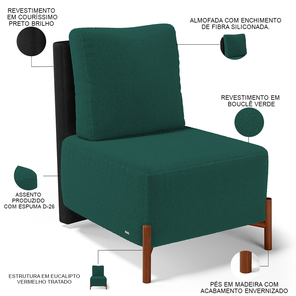 Kit 02 Poltronas Decorativas Sala de Estar Living Hungria L02 Couríssimo Preto Bouclê Verde - Lyam
