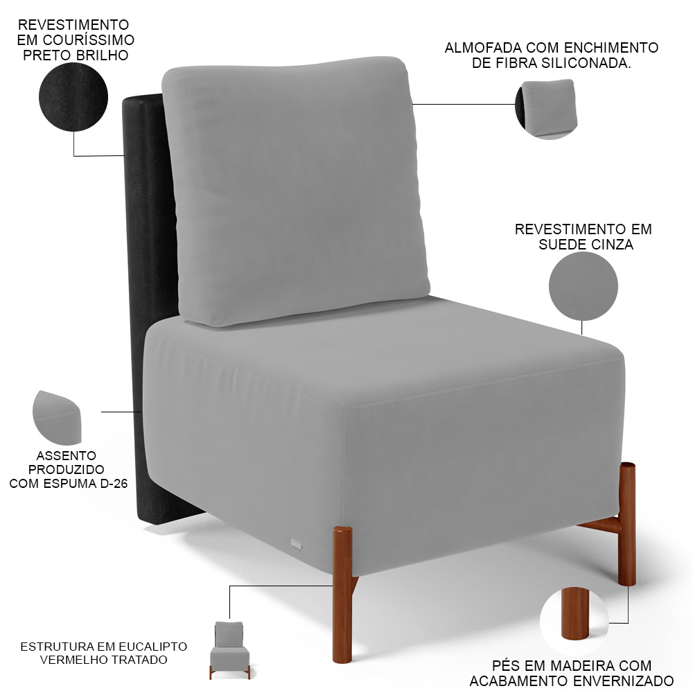 Kit 02 Poltronas Decorativas Sala de Estar Living Hungria L02 Couríssimo Preto Suede Cinza - Lyam
