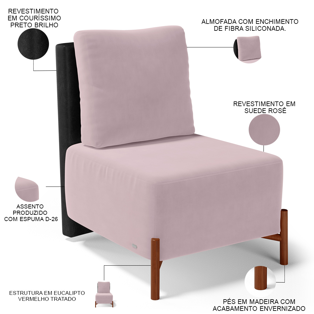 Kit 02 Poltronas Decorativas Sala de Estar Living Hungria L02 Couríssimo Preto Suede Rosê - Lyam