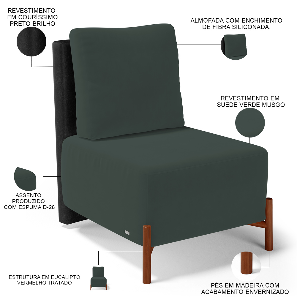 Kit 02 Poltronas Decorativas Sala de Estar Living Hungria L02 Couríssimo Preto Suede Verde Musgo - Lyam