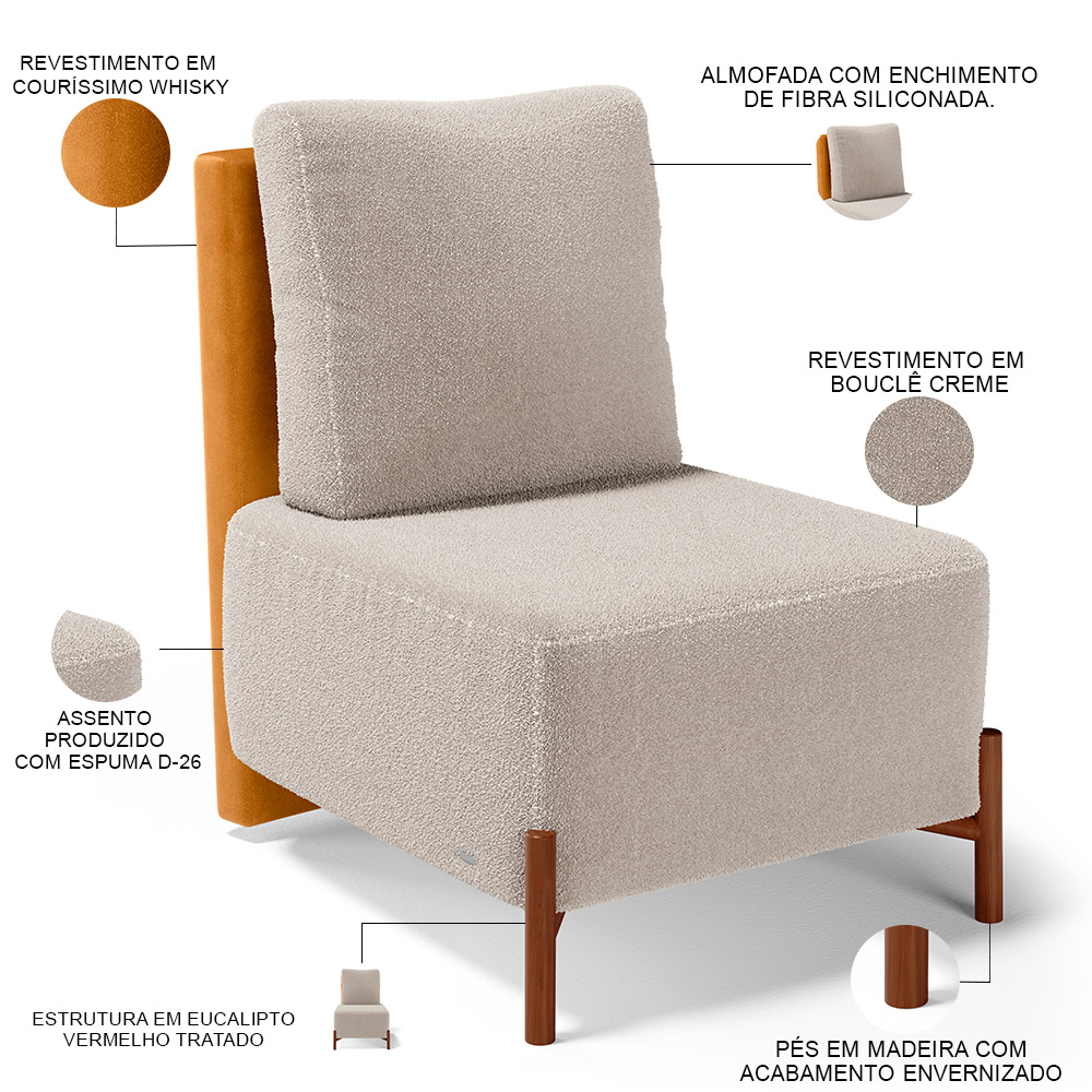 Kit 02 Poltronas Decorativas Sala de Estar Living Hungria L02 Couríssimo Whisky Bouclê Creme - Lyam
