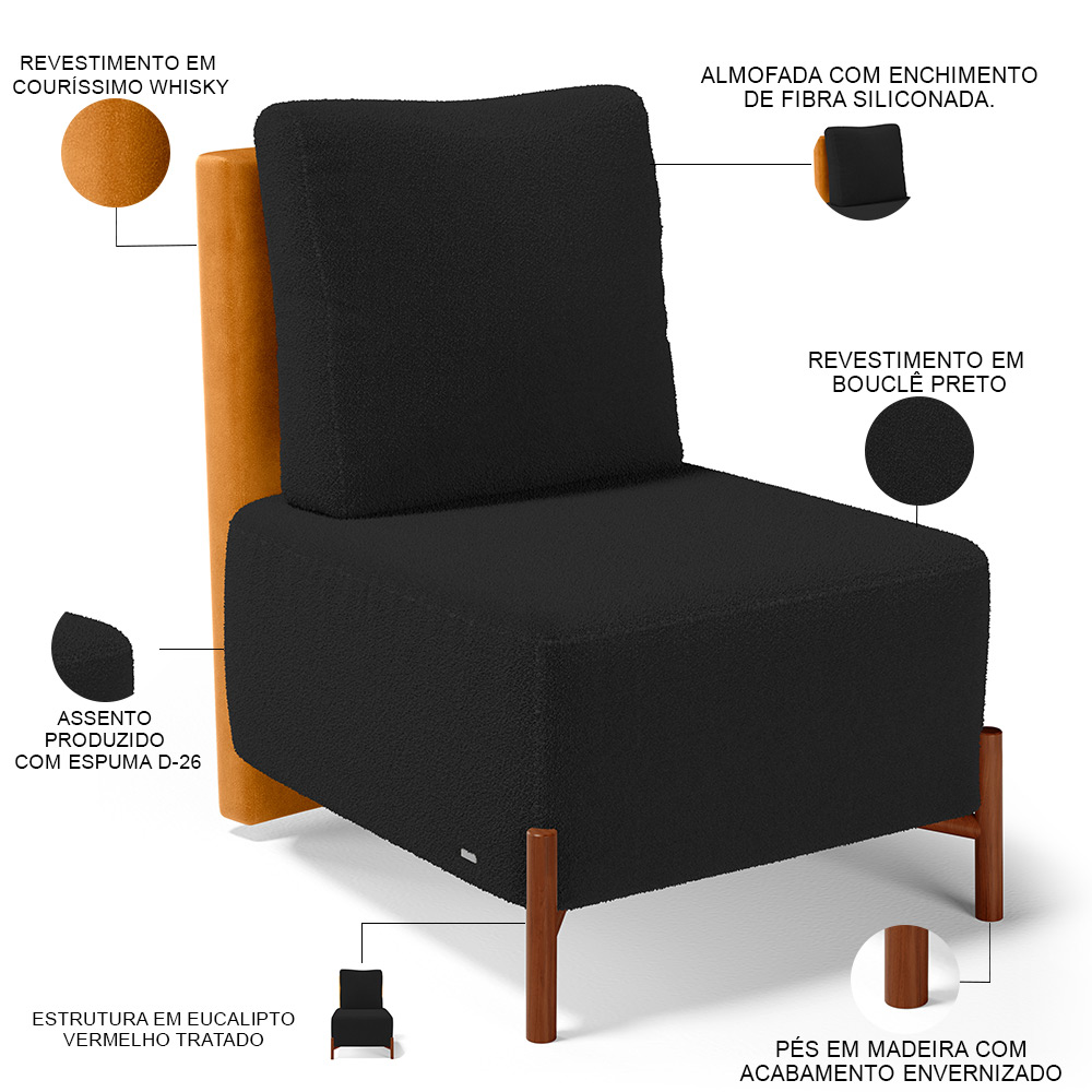 Kit 02 Poltronas Decorativas Sala de Estar Living Hungria L02 Couríssimo Whisky Bouclê Preto - Lyam