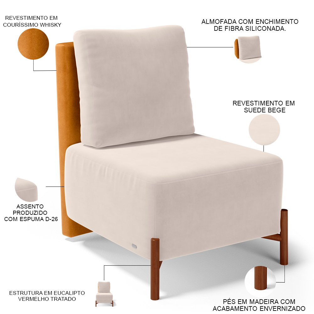Kit 02 Poltronas Decorativas Sala de Estar Living Hungria L02 Couríssimo Whisky Suede Bege - Lyam