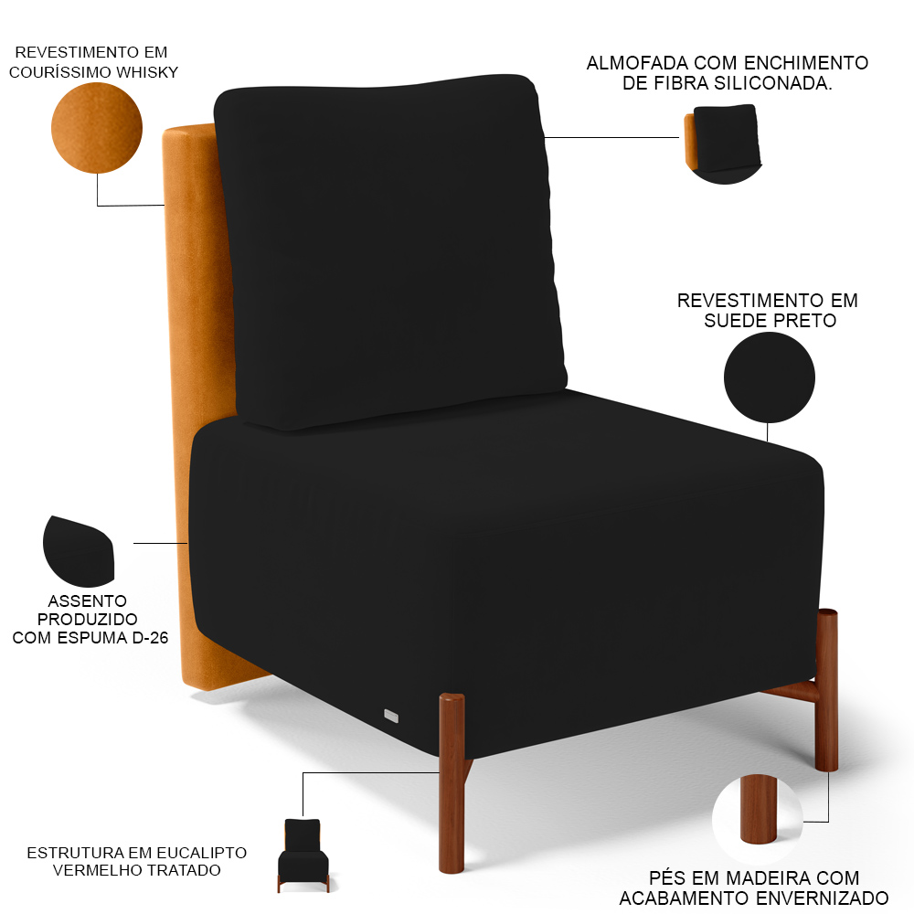 Kit 02 Poltronas Decorativas Sala de Estar Living Hungria L02 Couríssimo Whisky Suede Preto - Lyam
