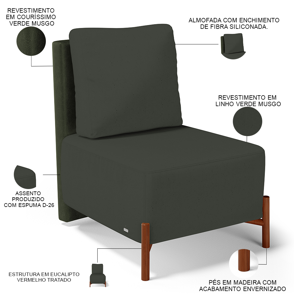 Kit 02 Poltronas Decorativas Sala de Estar Living Pés Madeira Hungria L02 Couríssimo Verde Linho Verde Musgo - Lyam