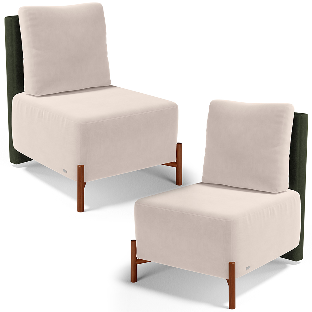 Kit 02 Poltronas Decorativas Sala de Estar Living Pés Madeira Hungria L02 Couríssimo Verde Suede Bege - Lyam