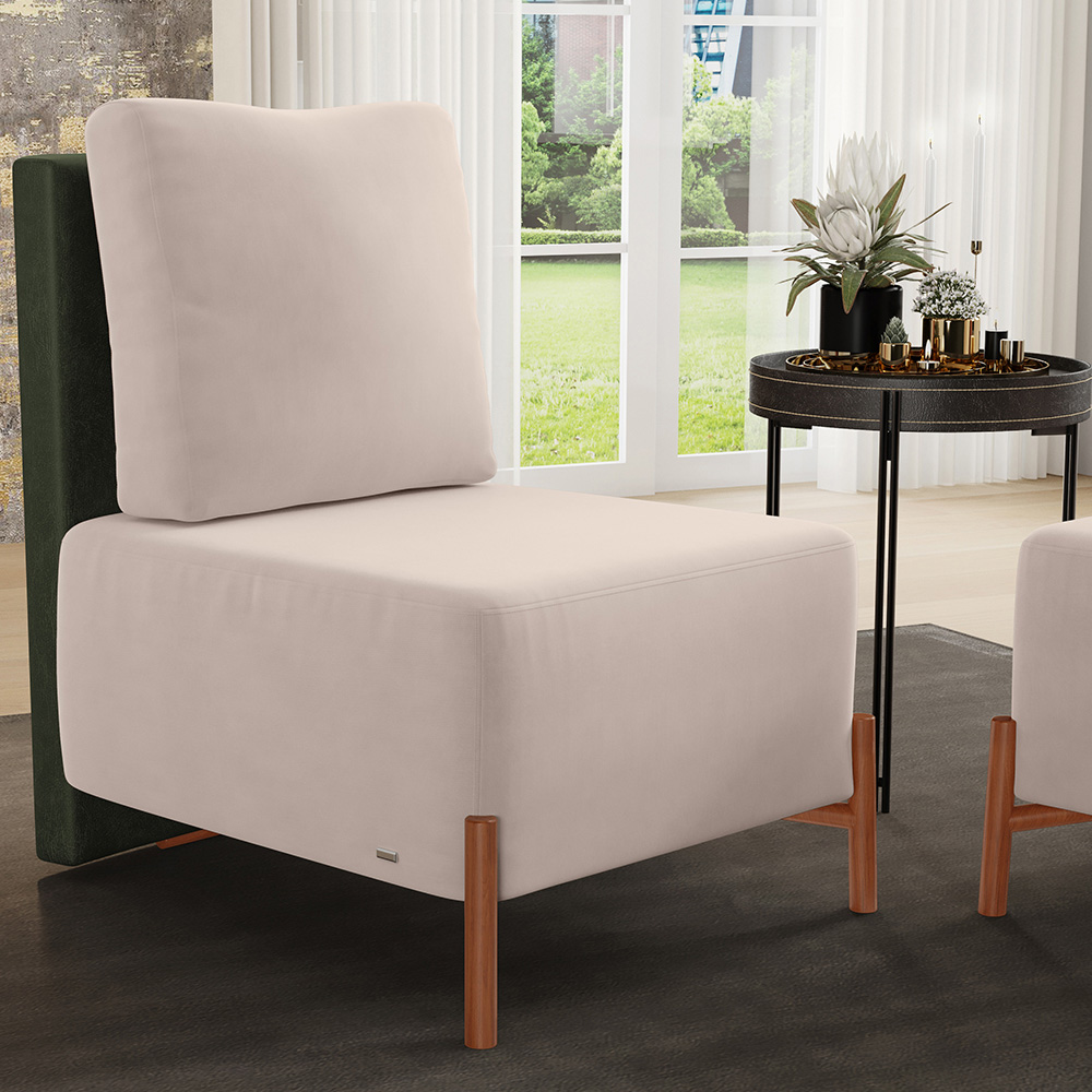 Kit 02 Poltronas Decorativas Sala de Estar Living Pés Madeira Hungria L02 Couríssimo Verde Suede Bege - Lyam