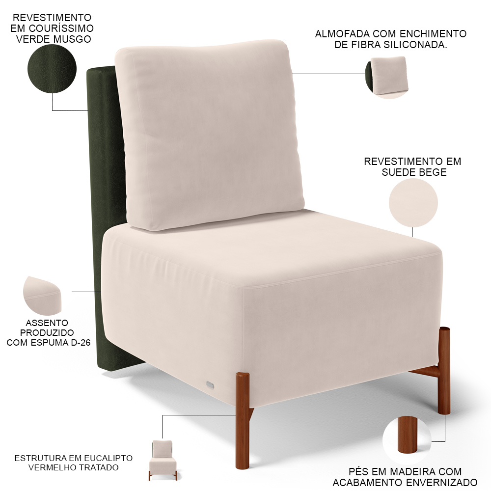 Kit 02 Poltronas Decorativas Sala de Estar Living Pés Madeira Hungria L02 Couríssimo Verde Suede Bege - Lyam