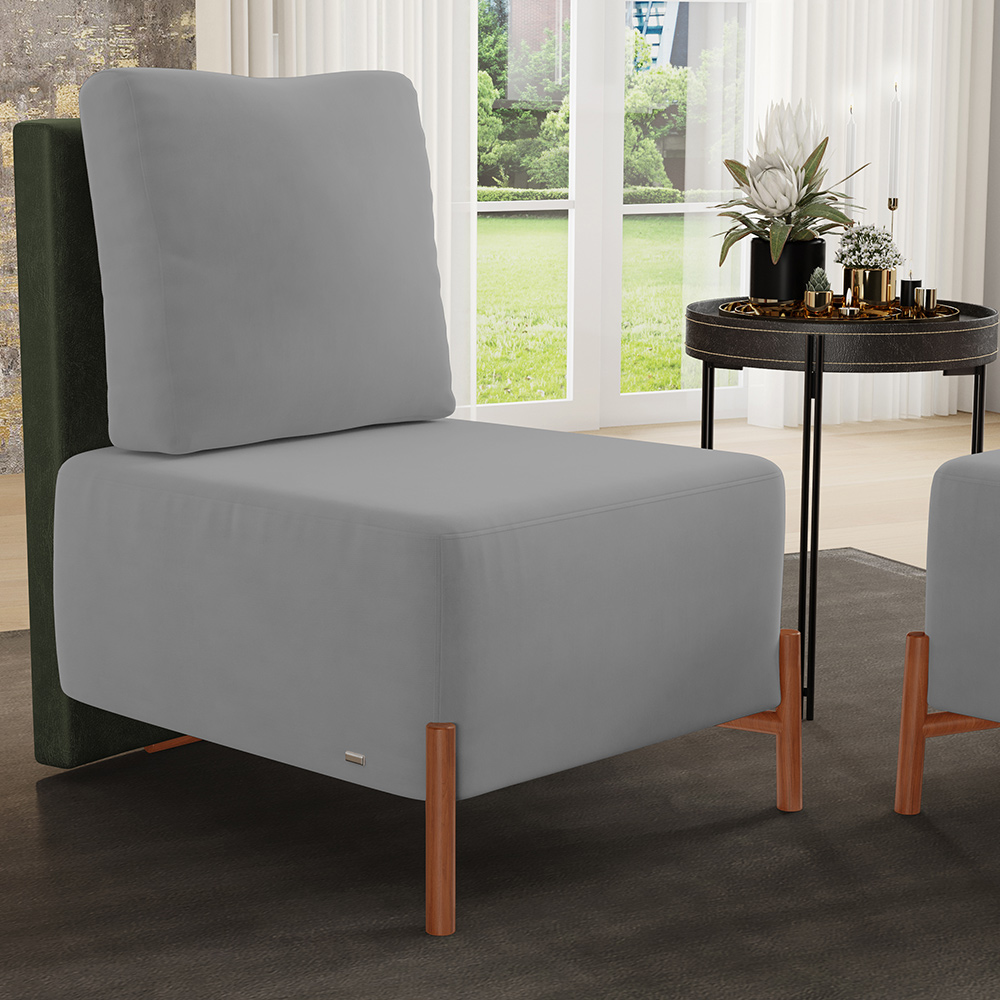 Kit 02 Poltronas Decorativas Sala de Estar Living Pés Madeira Hungria L02 Couríssimo Verde Suede Cinza - Lyam
