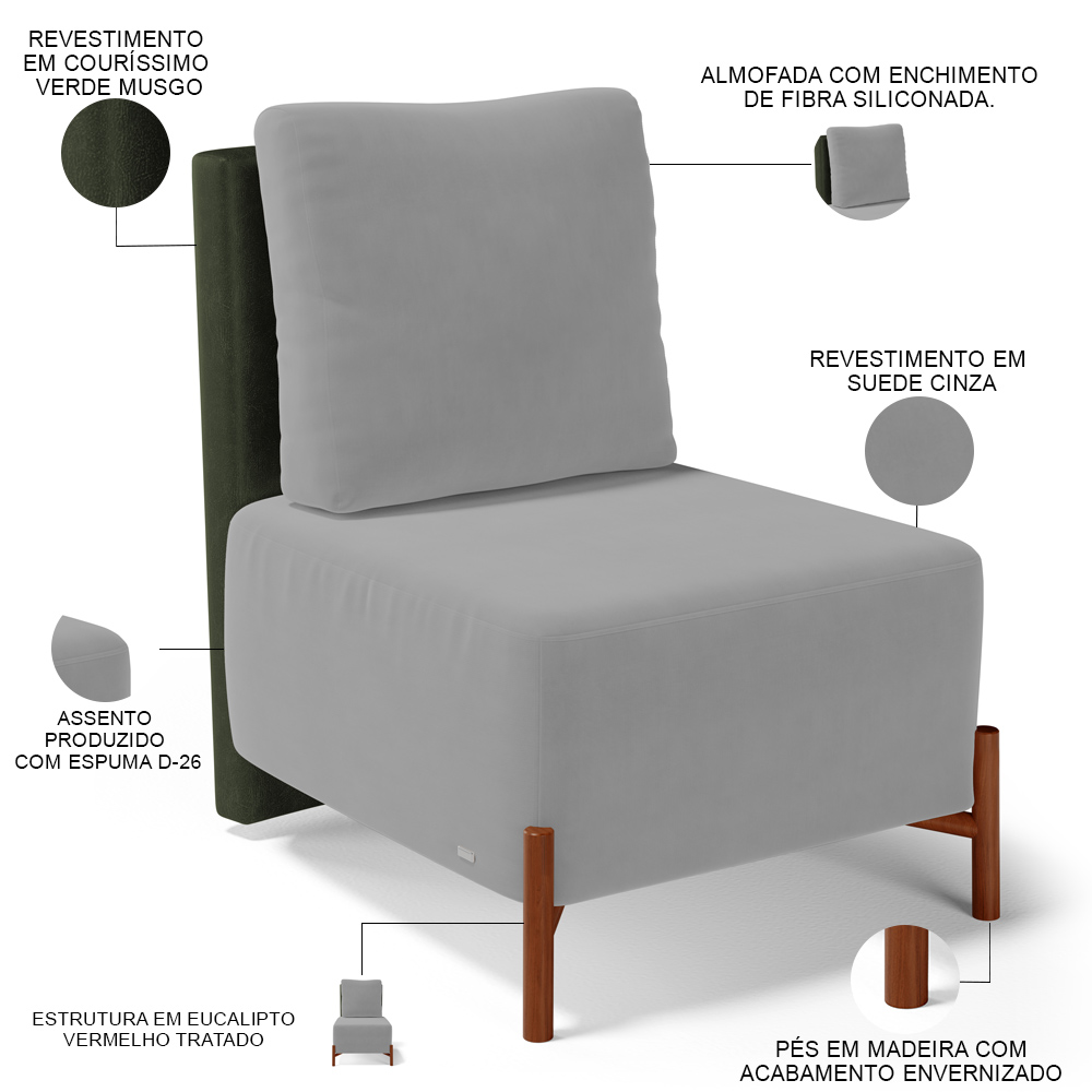 Kit 02 Poltronas Decorativas Sala de Estar Living Pés Madeira Hungria L02 Couríssimo Verde Suede Cinza - Lyam