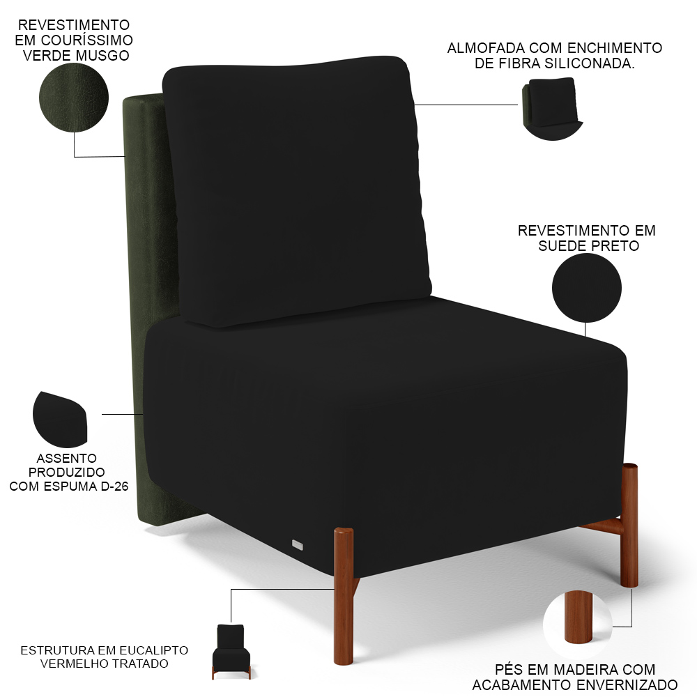 Kit 02 Poltronas Decorativas Sala de Estar Living Pés Madeira Hungria L02 Couríssimo Verde Suede Preto - Lyam