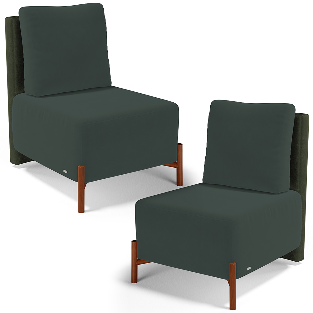 Kit 02 Poltronas Decorativas Sala de Estar Living Pés Madeira Hungria L02 Couríssimo Verde Suede Verde Musgo - Lyam