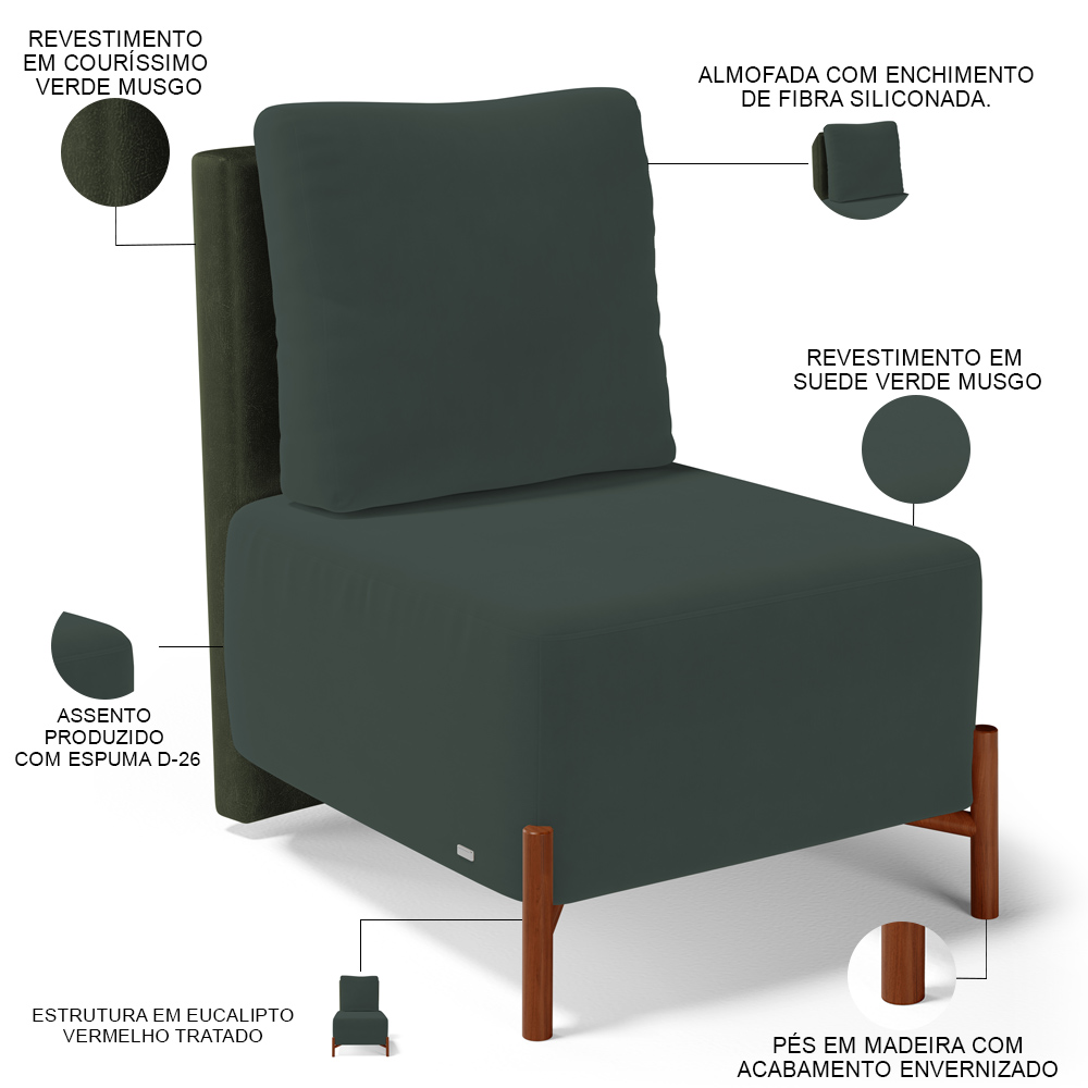 Kit 02 Poltronas Decorativas Sala de Estar Living Pés Madeira Hungria L02 Couríssimo Verde Suede Verde Musgo - Lyam