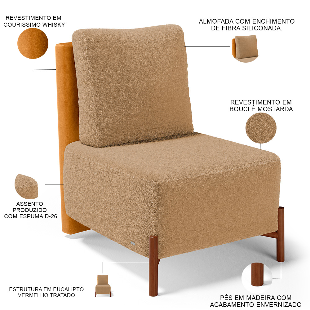 Kit 02 Poltronas Decorativas Sala de Estar Living Pés Madeira Hungria L02 Couríssimo Whisky Bouclê Mostarda - Lyam