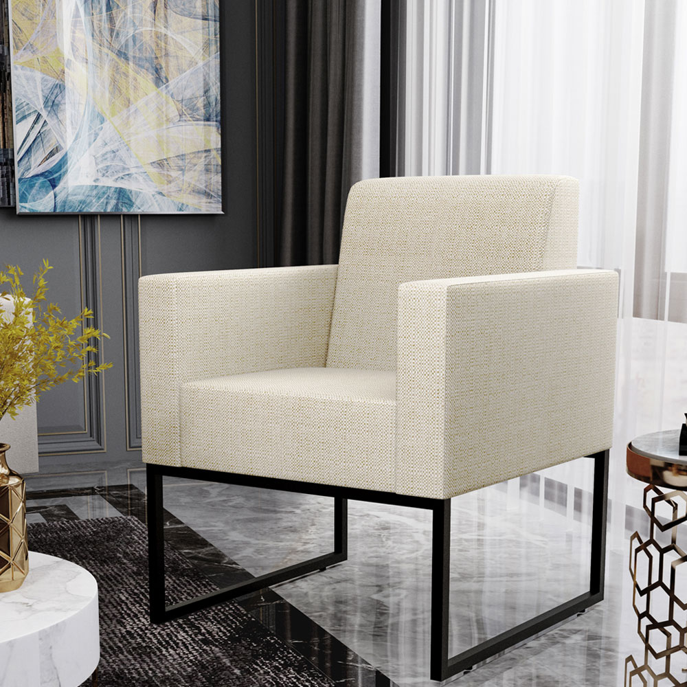 Kit 02 Poltronas Decorativas Sala e Recepção Base Fixa Metal Helô L02 Linho Champagne - Lyam Decor