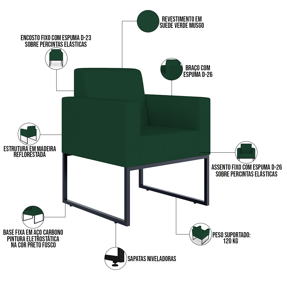 Kit 02 Poltronas Decorativas Sala e Recepção Base Fixa Metal Helô L02 Suede Verde Musgo - Lyam Decor