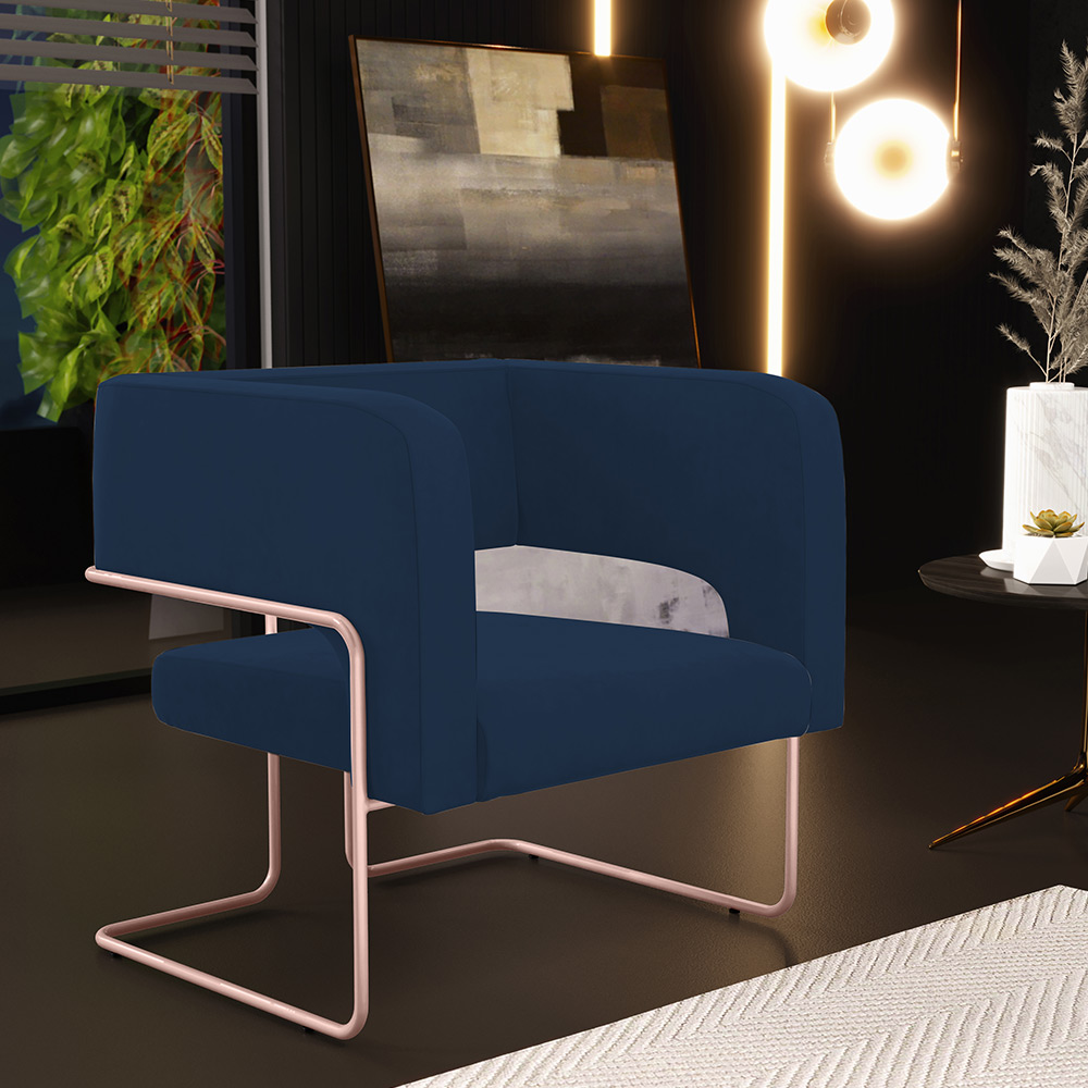 Kit 02 Poltronas Decorativas Scarlett D02 Base Aço New Cobre Veludo Azul Marinho C-304 - Lyam Decor