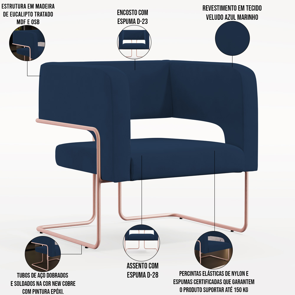 Kit 02 Poltronas Decorativas Scarlett D02 Base Aço New Cobre Veludo Azul Marinho C-304 - Lyam Decor