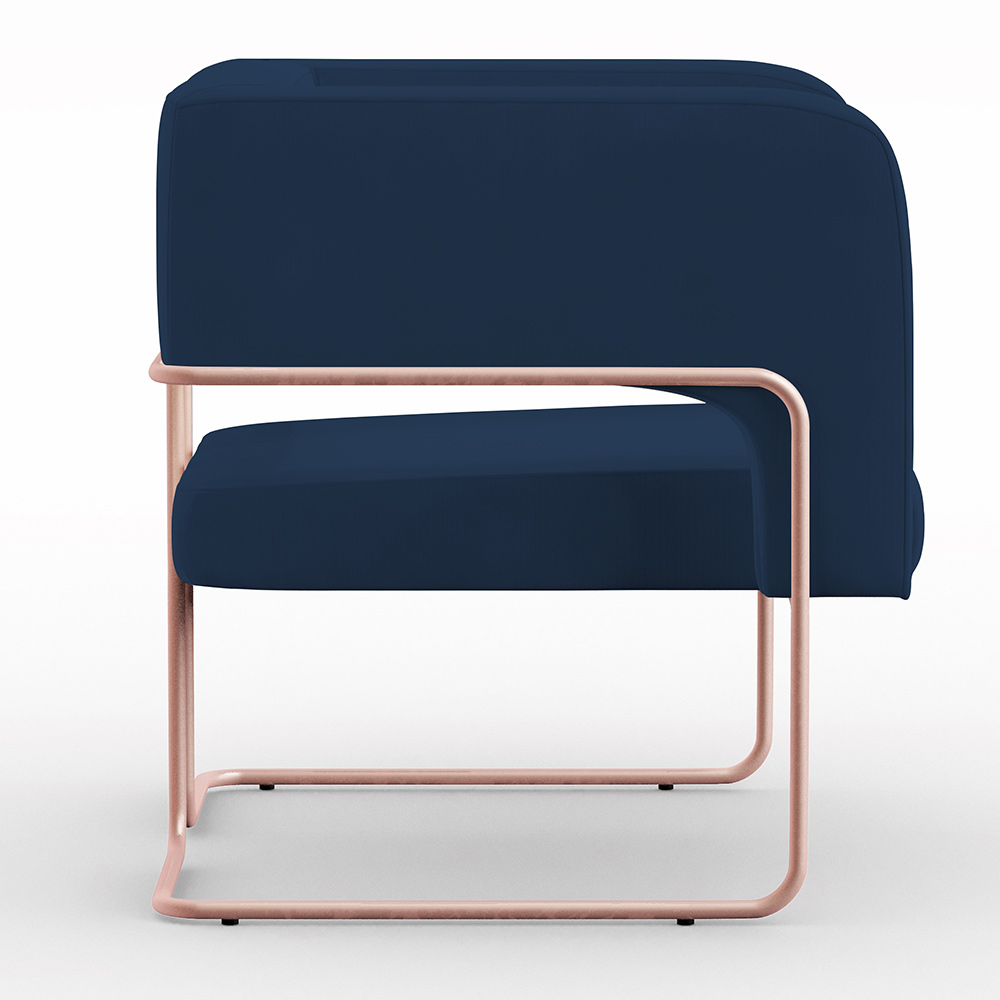 Kit 02 Poltronas Decorativas Scarlett D02 Base Aço New Cobre Veludo Azul Marinho C-304 - Lyam Decor
