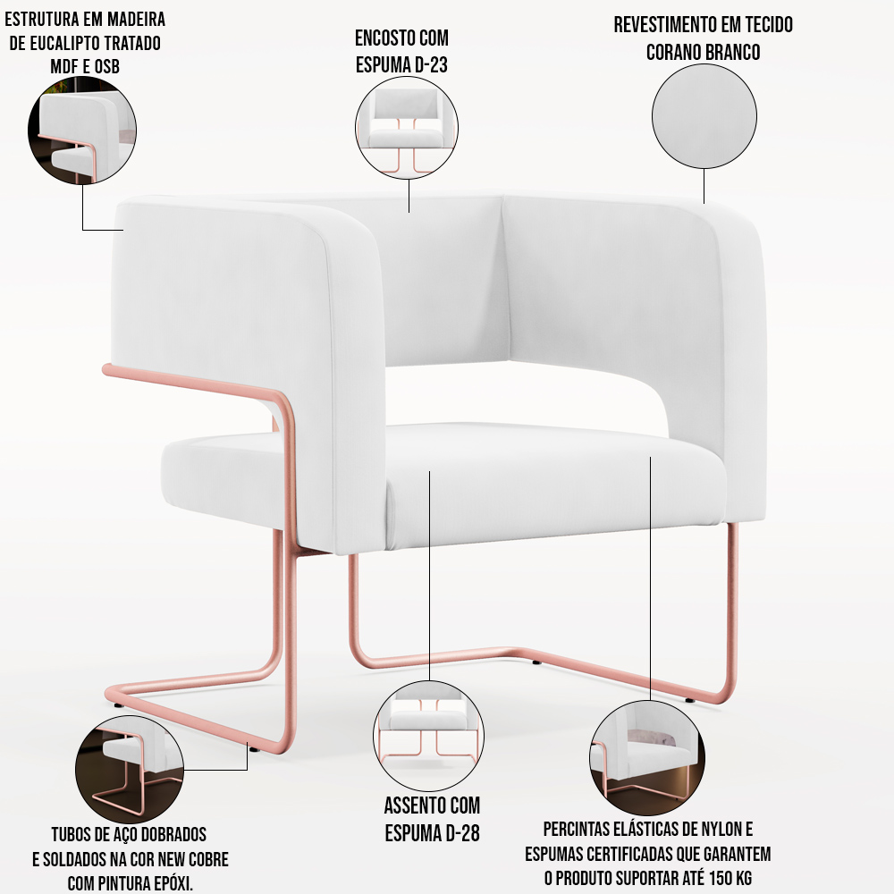 Kit 02 Poltronas Decorativas Scarlett D02 Base de Aço New Cobre Corano Branco C-12 - Lyam Decor