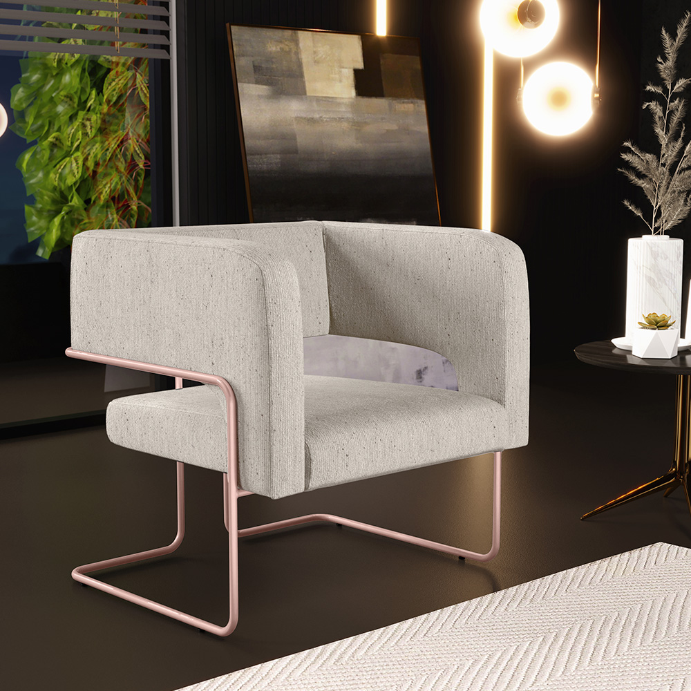 Kit 02 Poltronas Decorativas Scarlett D02 Base de Aço New Cobre Linho Bege C-107 - Lyam Decor