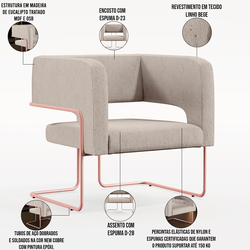 Kit 02 Poltronas Decorativas Scarlett D02 Base de Aço New Cobre Linho Bege C-107 - Lyam Decor