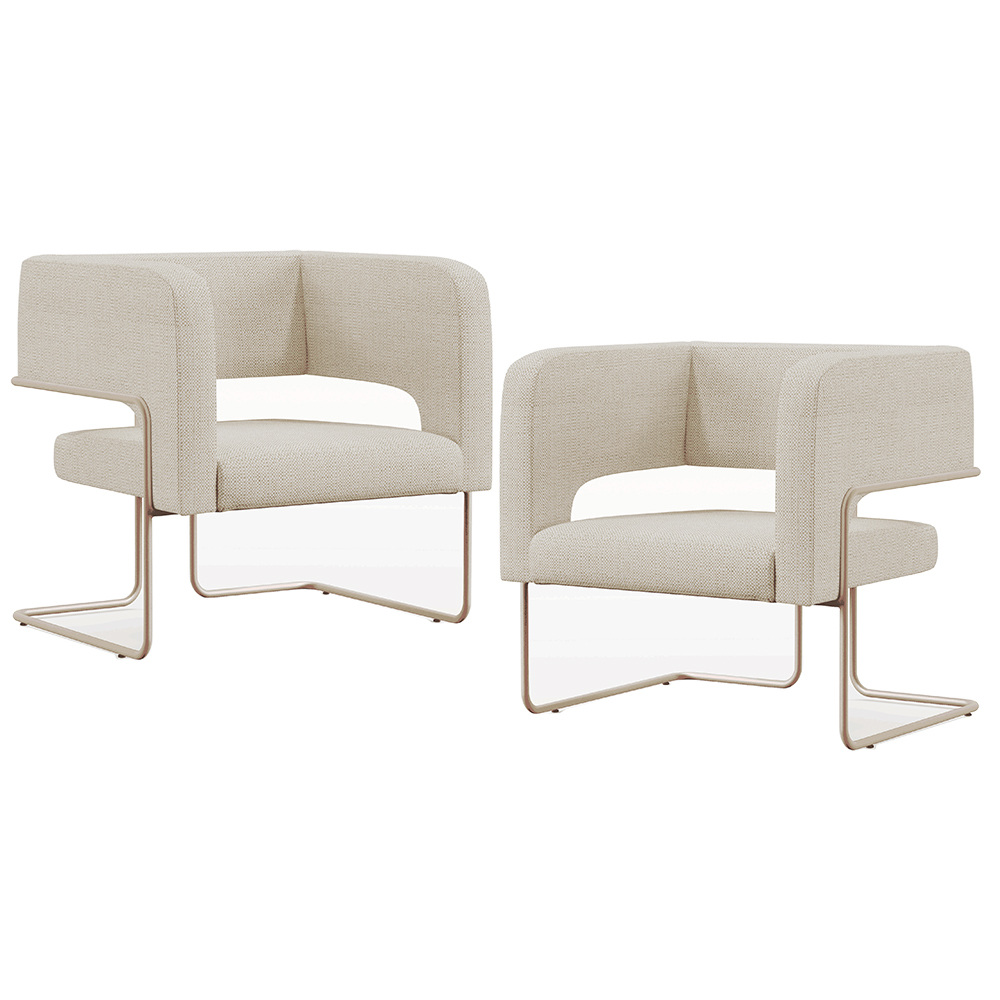 Kit 02 Poltronas Decorativas Scarlett D02 Base de Aço New Cobre Linho Champagne A-49 - Lyam Decor