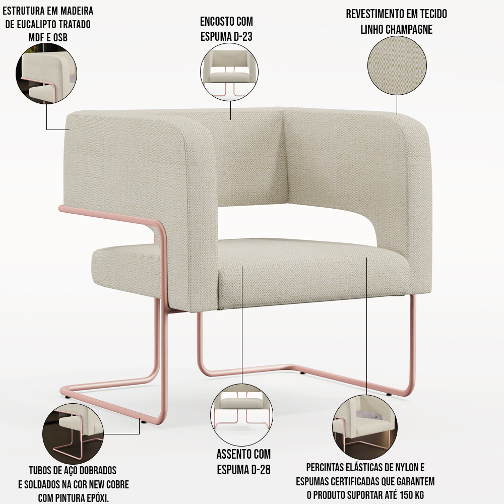 Kit 02 Poltronas Decorativas Scarlett D02 Base de Aço New Cobre Linho Champagne A-49 - Lyam Decor