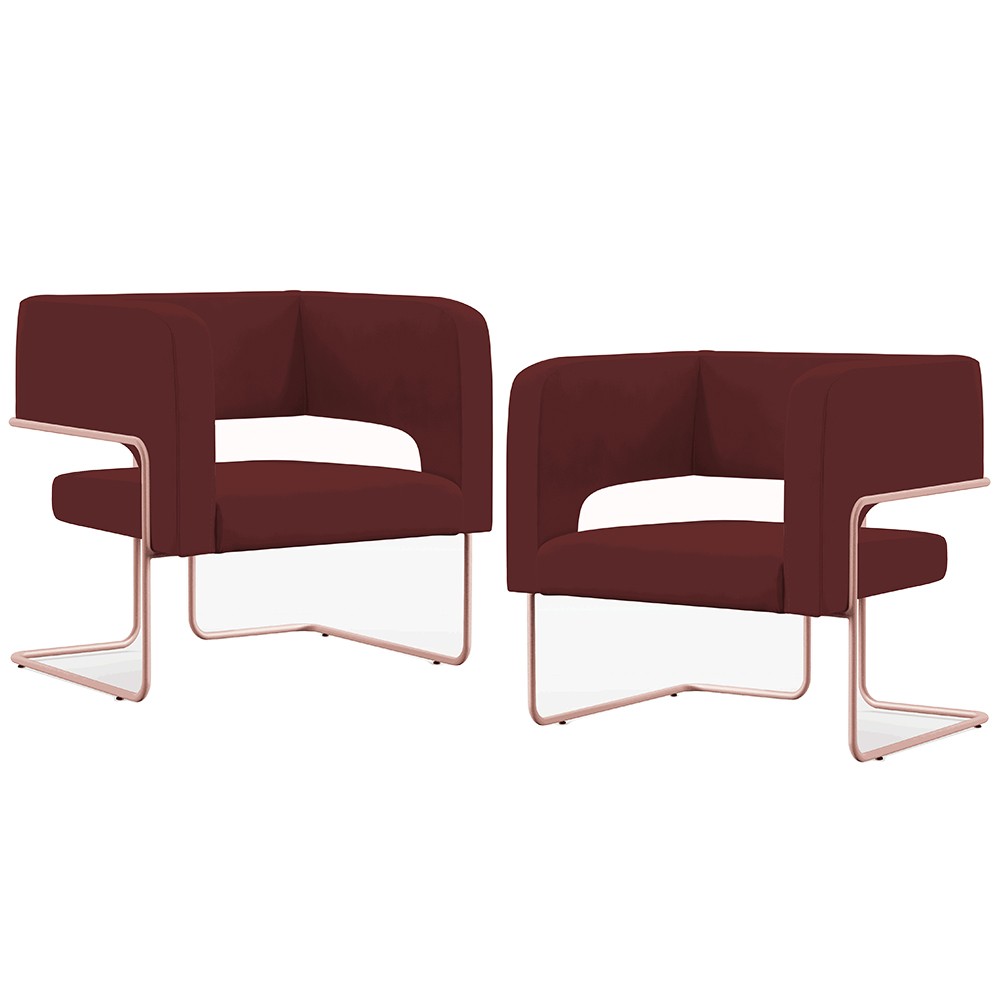 Kit 02 Poltronas Decorativas Scarlett D02 Base de Aço New Cobre Veludo Marsala B-278 - Lyam Decor