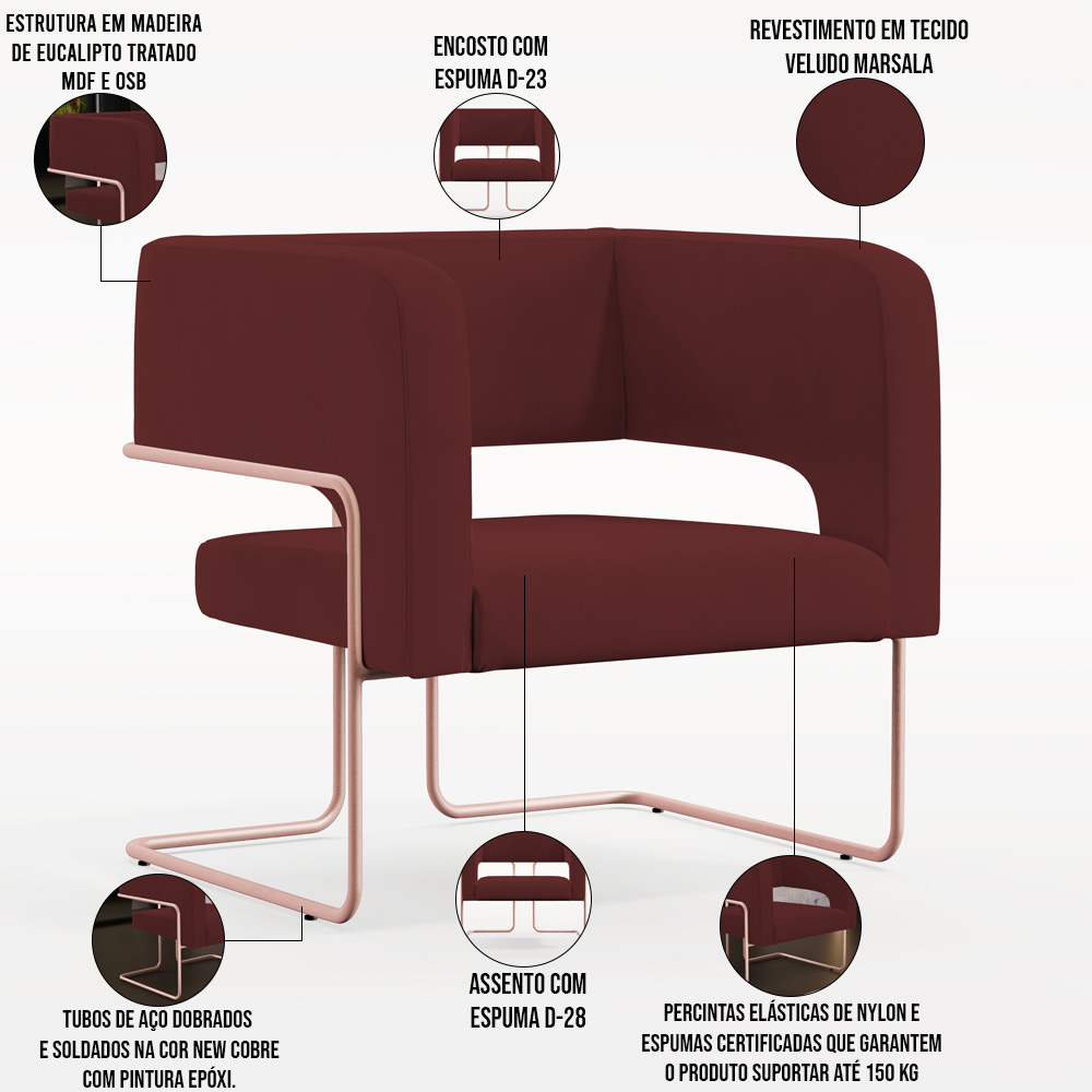 Kit 02 Poltronas Decorativas Scarlett D02 Base de Aço New Cobre Veludo Marsala B-278 - Lyam Decor