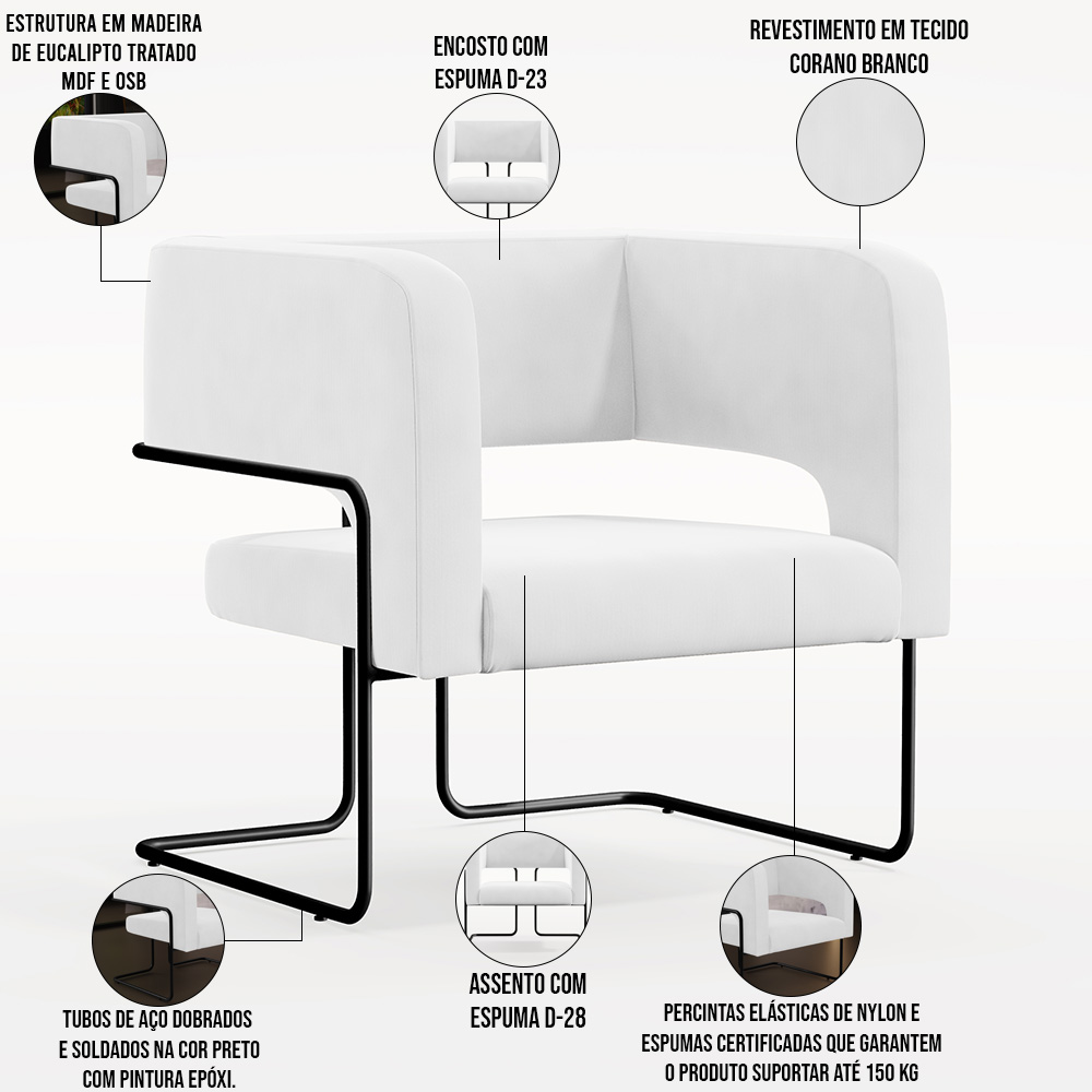 Kit 02 Poltronas Decorativas Scarlett D02 Base de Aço Preto Corano Branco C-12 - Lyam Decor