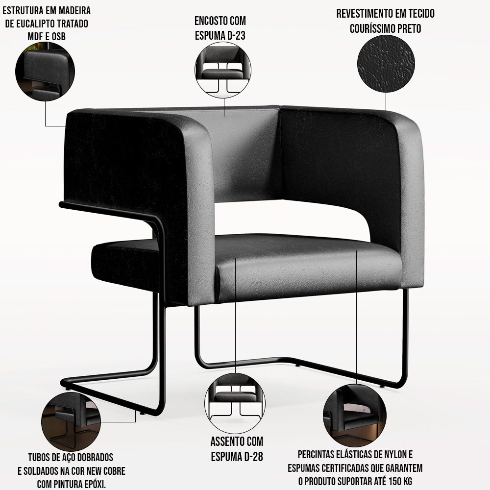 Kit 02 Poltronas Decorativas Scarlett D02 Base de Aço Preto Couríssimo Preto B-159 - Lyam Decor