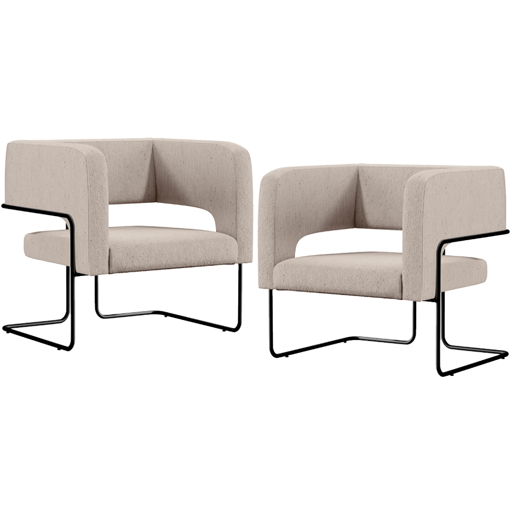 Kit 02 Poltronas Decorativas Scarlett D02 Base de Aço Preto Linho Bege C-107 - Lyam Decor