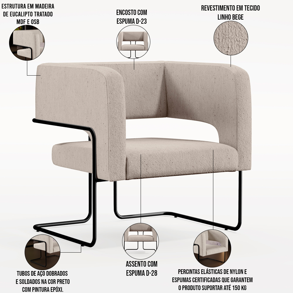 Kit 02 Poltronas Decorativas Scarlett D02 Base de Aço Preto Linho Bege C-107 - Lyam Decor
