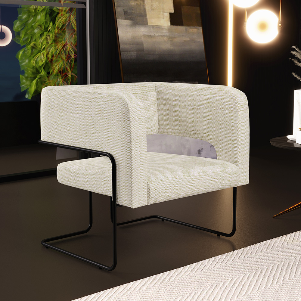 Kit 02 Poltronas Decorativas Scarlett D02 Base de Aço Preto Linho Champagne A-49 - Lyam Decor