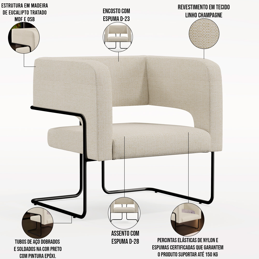 Kit 02 Poltronas Decorativas Scarlett D02 Base de Aço Preto Linho Champagne A-49 - Lyam Decor