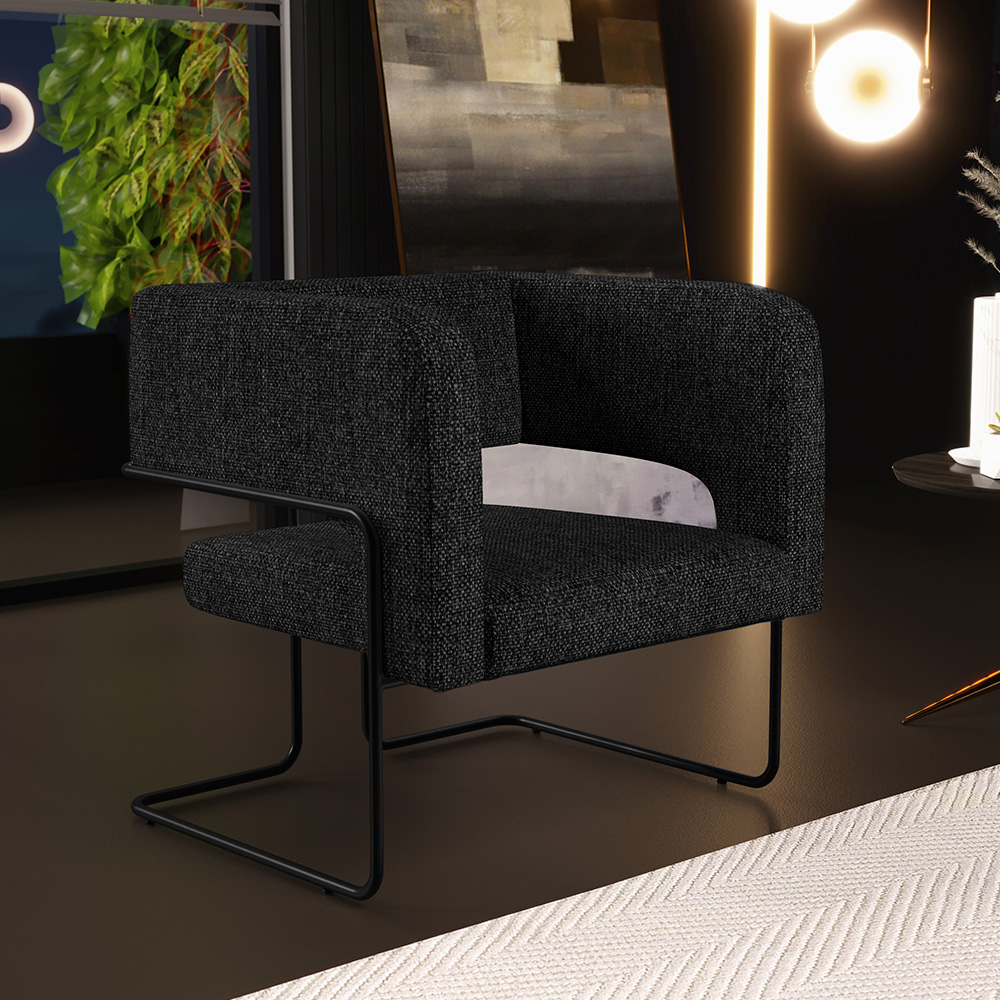 Kit 02 Poltronas Decorativas Scarlett D02 Base de Aço Preto Linho Chumbo C-465 - Lyam Decor