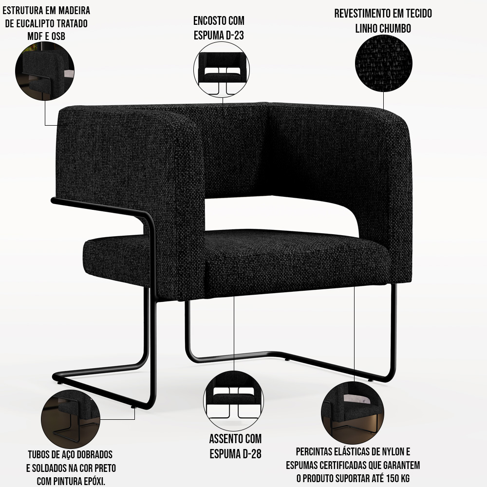 Kit 02 Poltronas Decorativas Scarlett D02 Base de Aço Preto Linho Chumbo C-465 - Lyam Decor