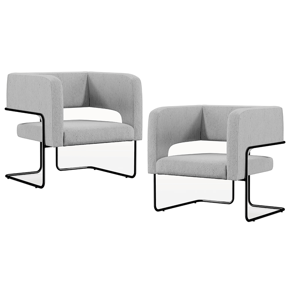 Kit 02 Poltronas Decorativas Scarlett D02 Base de Aço Preto Linho Cinza C-315 - Lyam Decor