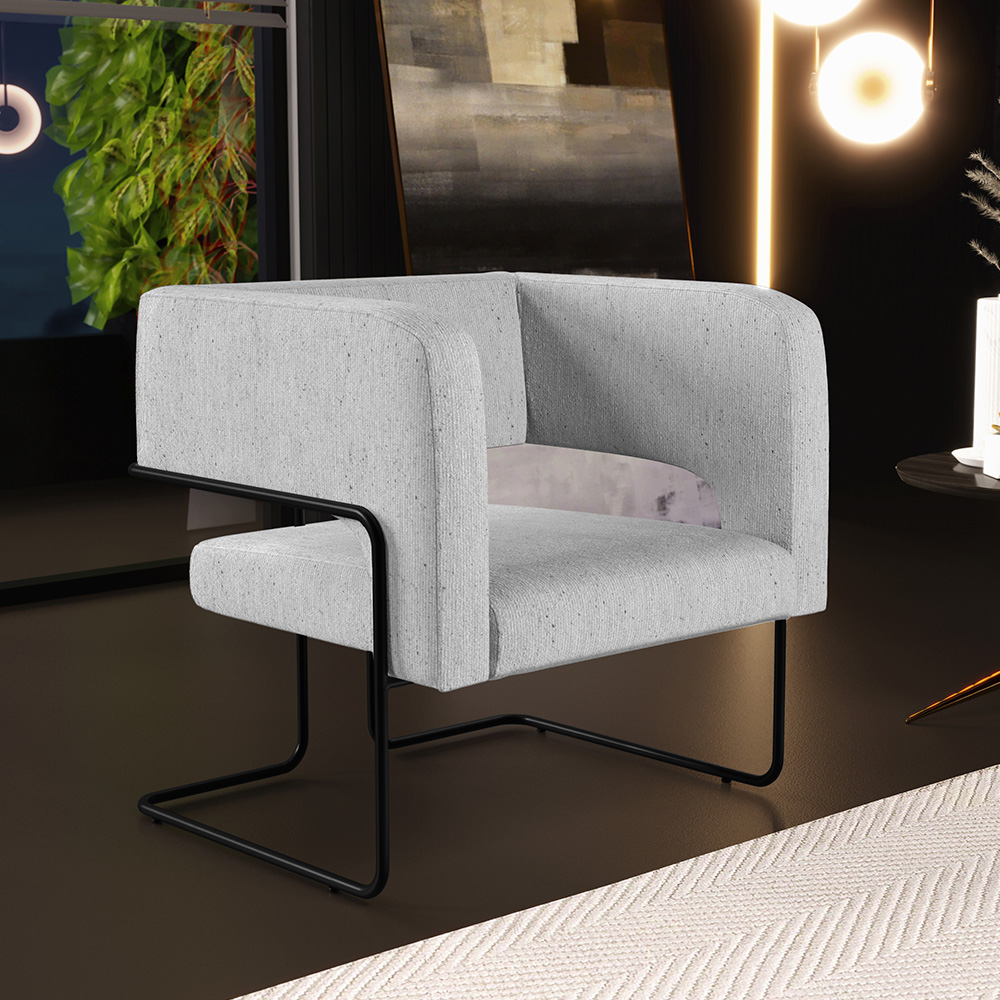 Kit 02 Poltronas Decorativas Scarlett D02 Base de Aço Preto Linho Cinza C-315 - Lyam Decor