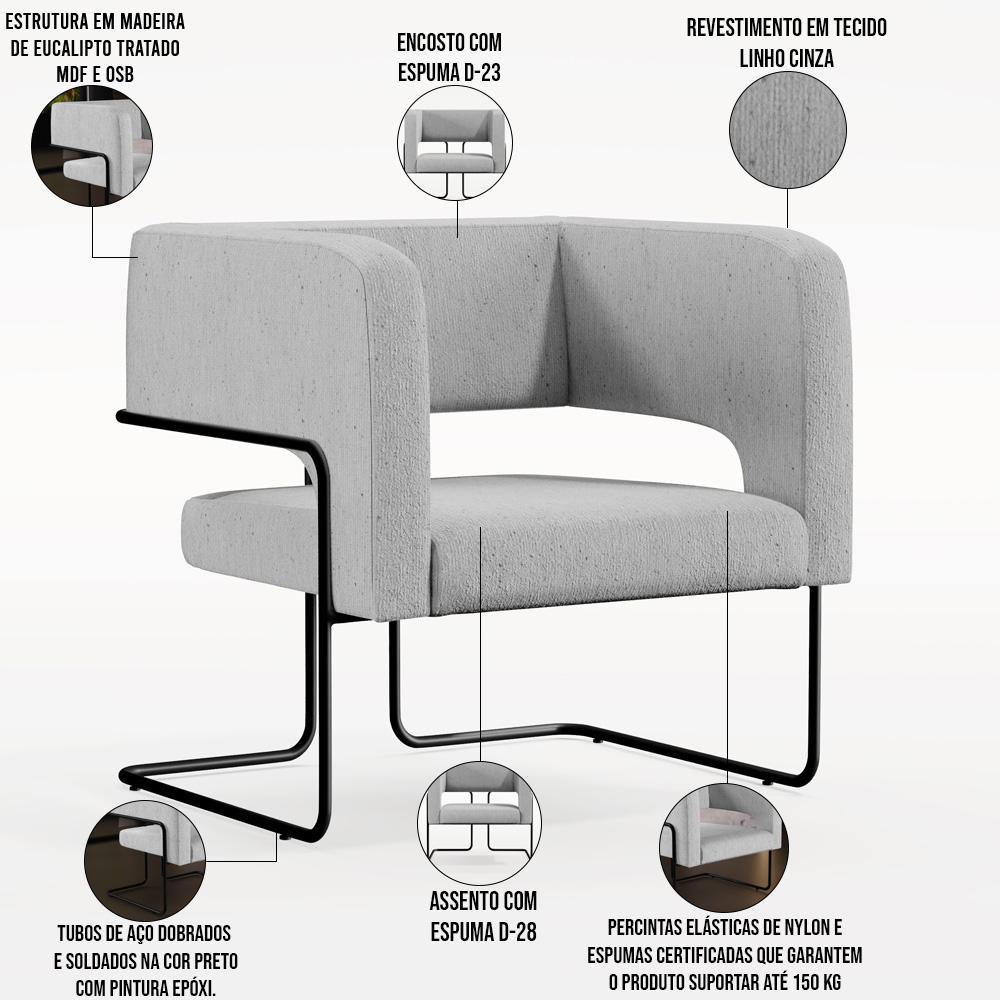 Kit 02 Poltronas Decorativas Scarlett D02 Base de Aço Preto Linho Cinza C-315 - Lyam Decor