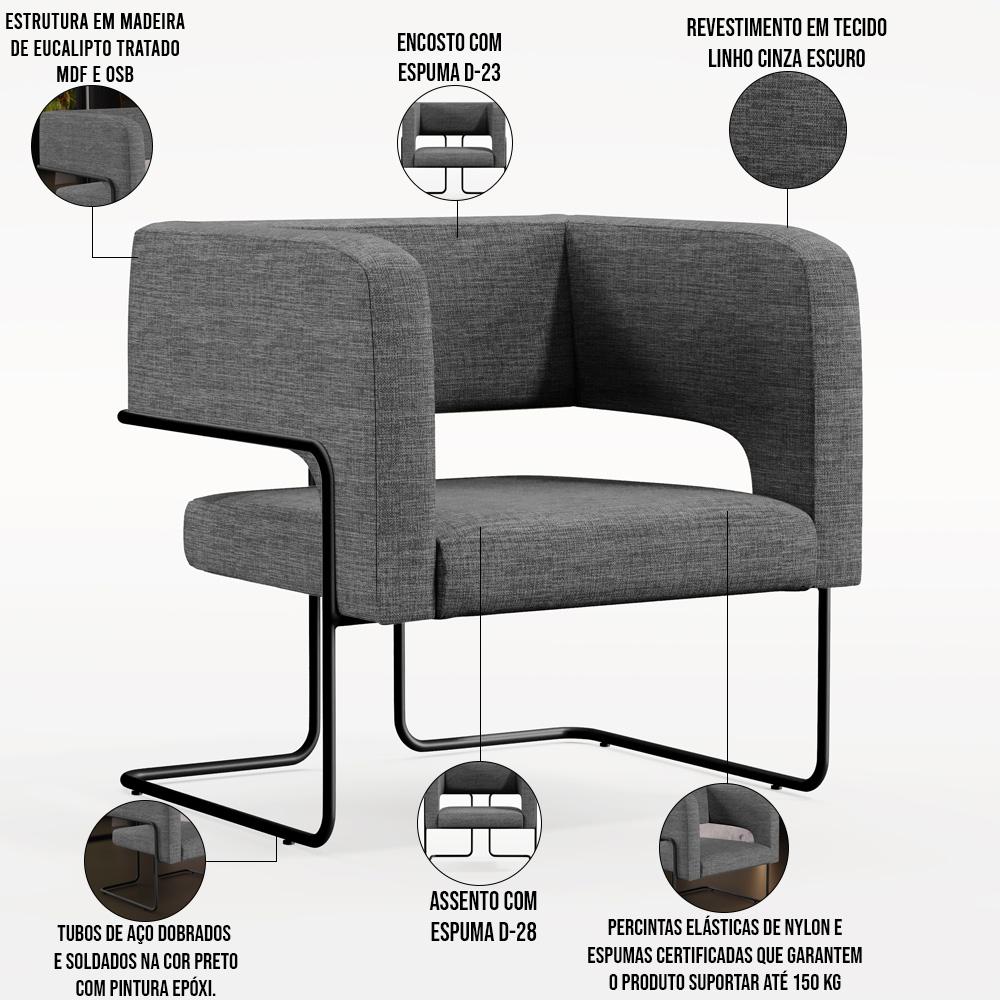 Kit 02 Poltronas Decorativas Scarlett D02 Base de Aço Preto Linho Cinza Escuro C-416 - Lyam Decor