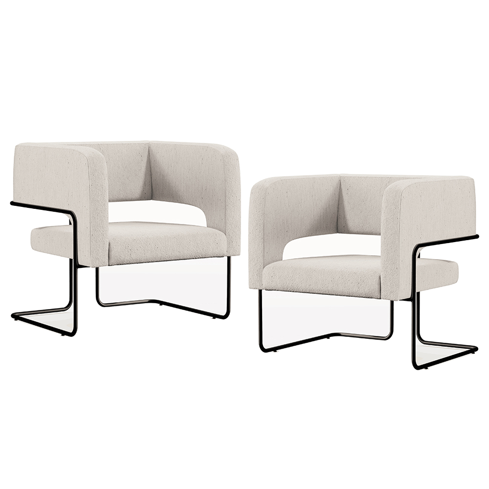 Kit 02 Poltronas Decorativas Scarlett D02 Base de Aço Preto Linho Cru B-443 - Lyam Decor