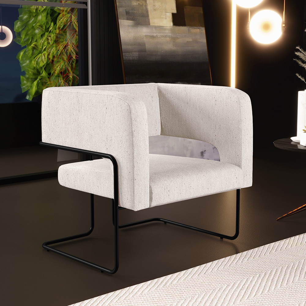 Kit 02 Poltronas Decorativas Scarlett D02 Base de Aço Preto Linho Cru B-443 - Lyam Decor