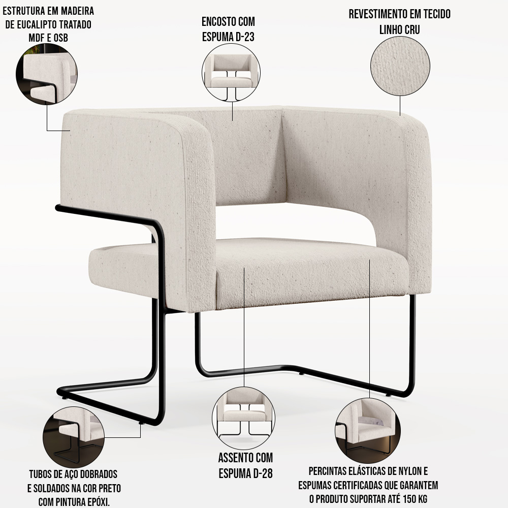 Kit 02 Poltronas Decorativas Scarlett D02 Base de Aço Preto Linho Cru B-443 - Lyam Decor